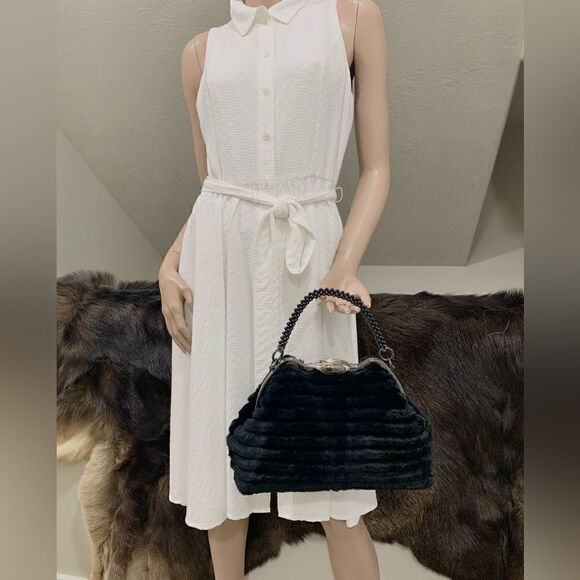 Handmade Real Rex Rabbit Fur Embossed Push Lock Handbag With 3 Strap Styles - Picture 5 of 17